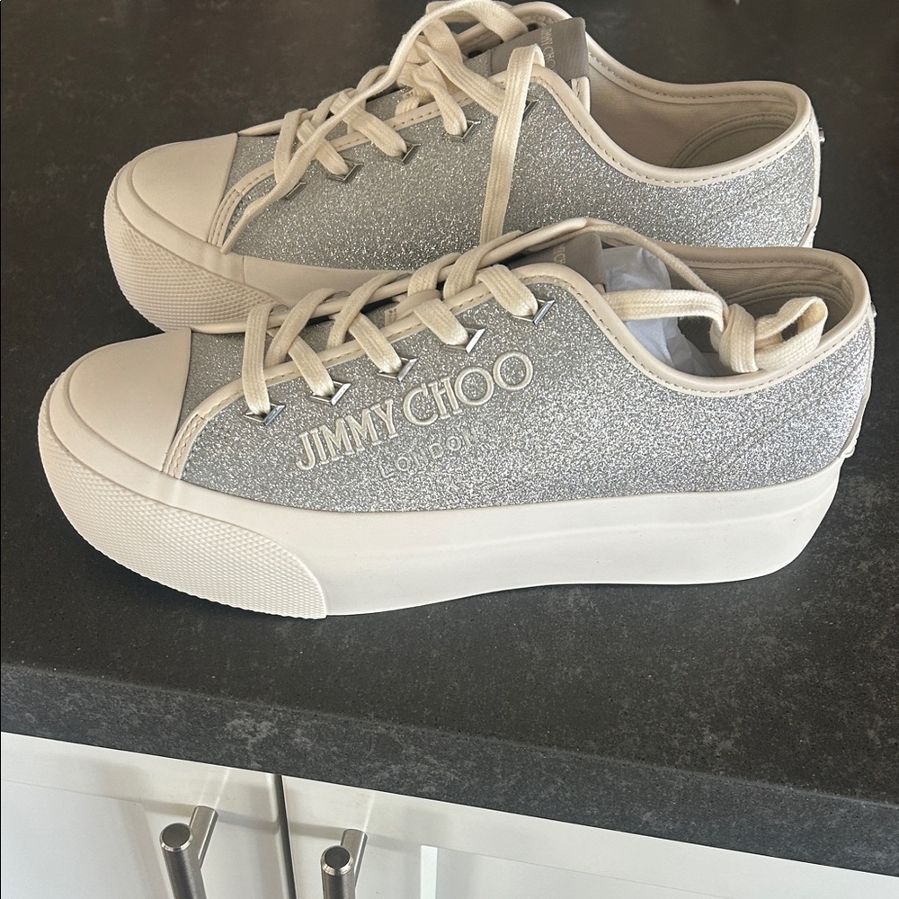 NWT Jimmy Choo Glittery Silver and Cream Sneakers